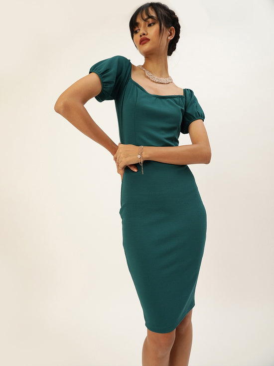 Veni Vidi Vici Dark Green Sweetheart Neck Bardot Midi Dress