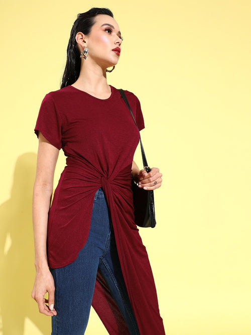 Veni Vidi Vici Maroon Asymmetric Hem Long Top