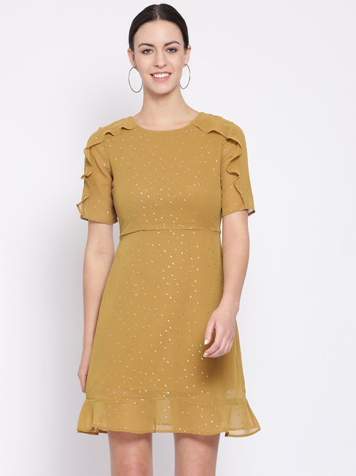 Mustard Frill Skater Foil Print Women’s Dress