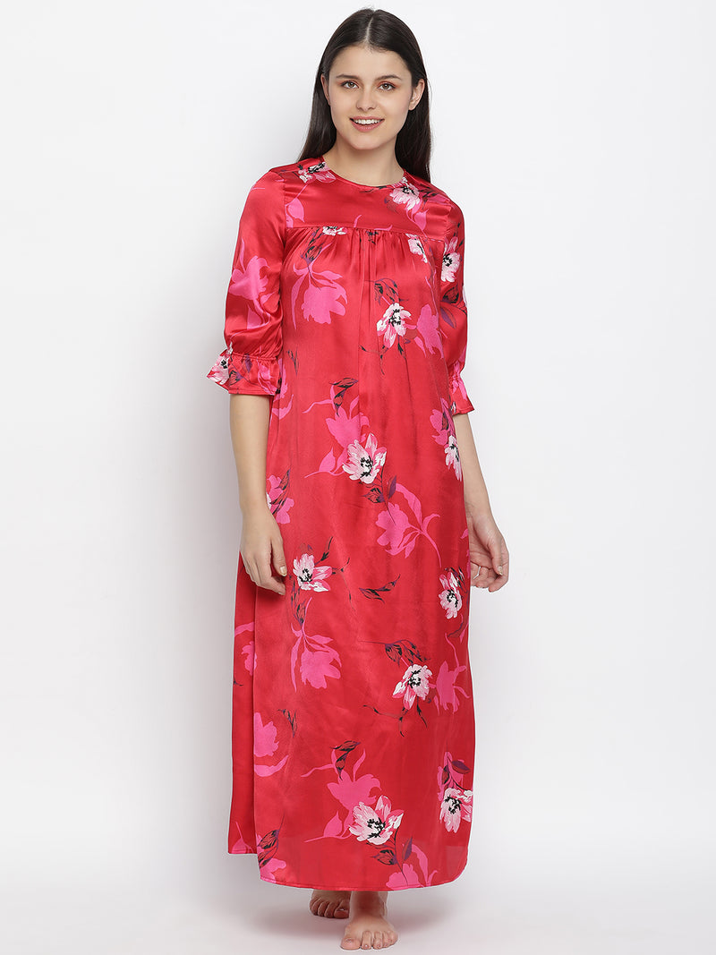 Carmine red floral satin print women nightwear dress