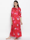 Carmine red floral satin print women nightwear dress