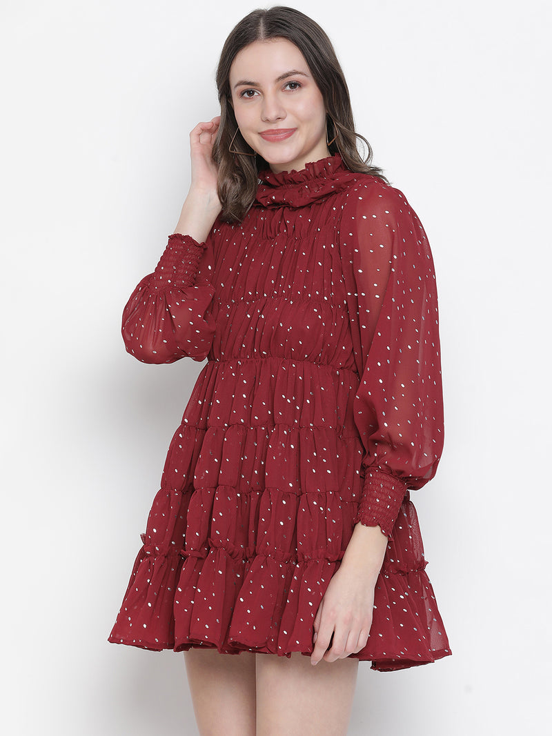 Razzing red with lining foil lurex print majestic women gathered dress