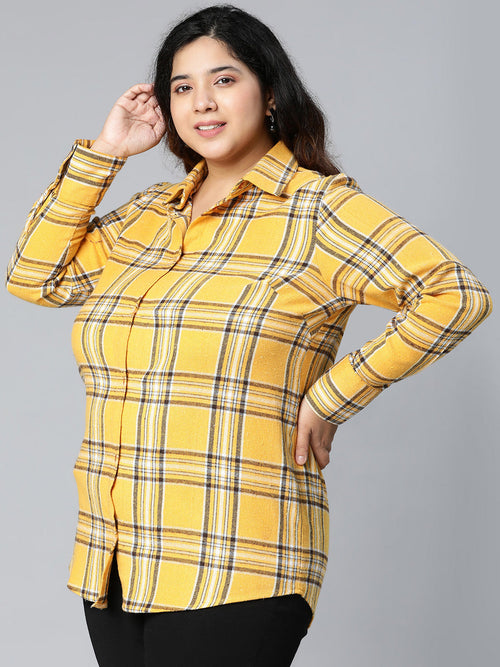 Shelled Yellow Brush Check Plus Size Women Cotton Shirt