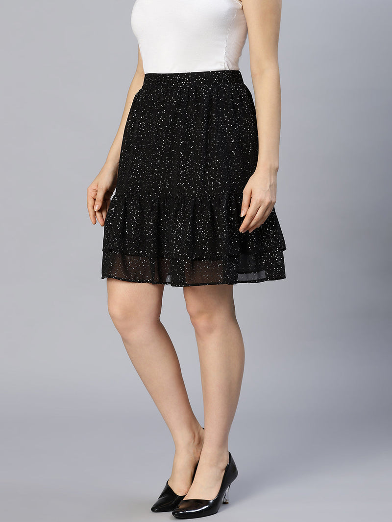 Aglow Black Foil Print Elasticated Frill Women Skirt