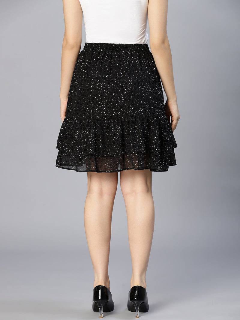 Aglow Black Foil Print Elasticated Frill Women Skirt