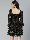 All-Rounder Black Smocked Foil Print Women Party Wear Dress