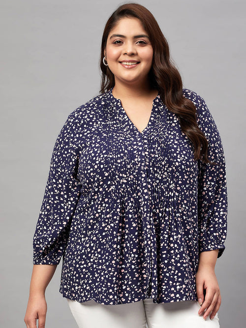 Women Plus Size Blue Floral Print V-Neck Long Sleeve Top