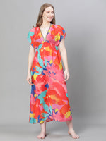 Women Multicolor Floral Print V-Neck Laced Up Elasticated Beachwear Dress