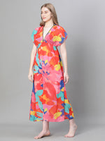 Women Multicolor Floral Print V-Neck Laced Up Elasticated Beachwear Dress