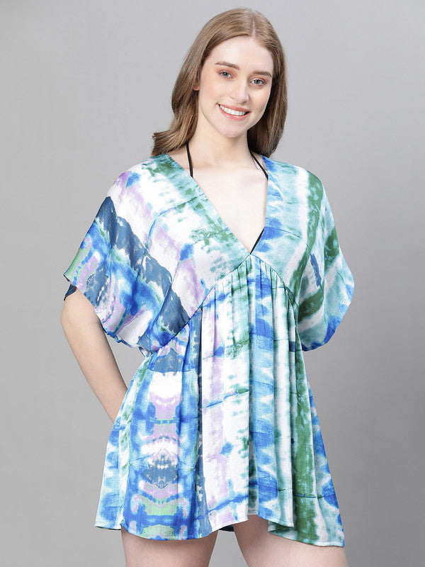 Women Multicolor Tie-Dye Print V-Neck Elasticated Beachwear Kaftan