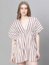 Women Ivory Stripe Print V-Neck Elasticated Beachwear Cotton Kaftan