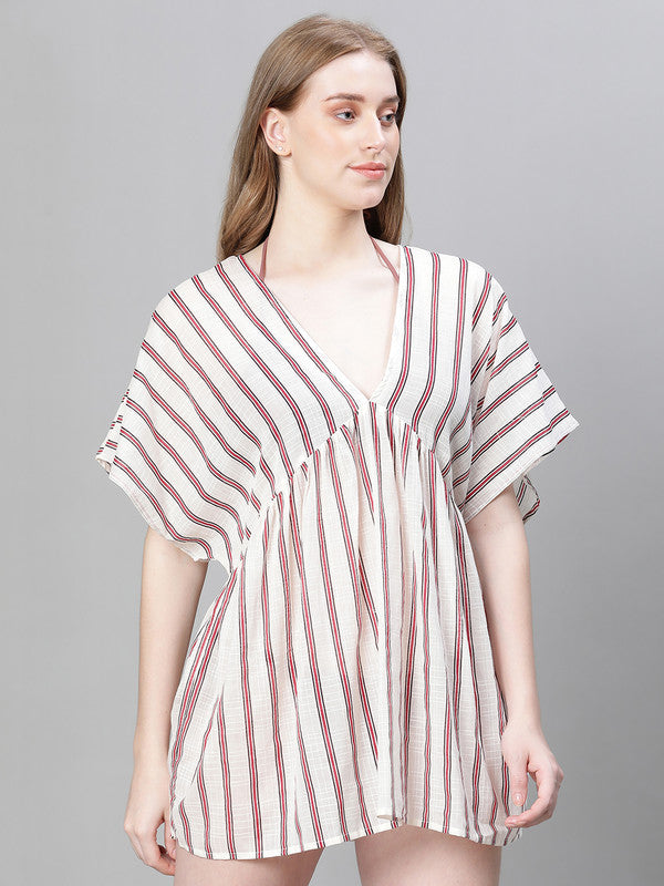 Women Ivory Stripe Print V-Neck Elasticated Beachwear Cotton Kaftan