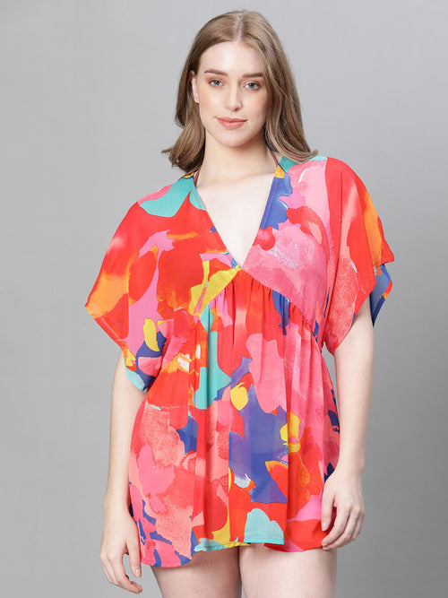 Women Multicolor Floral Print V-Neck Elasticated Beachwear Cotton Kaftan