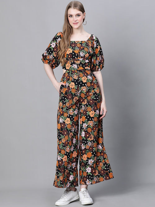 Women Multicolor Floral Print Backless Tie-Knotted Elasticated Jumpsuit
