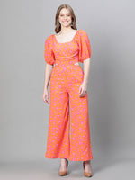Women Orange Floral Print Backless Tie-Knotted Elasticated Jumpsuit