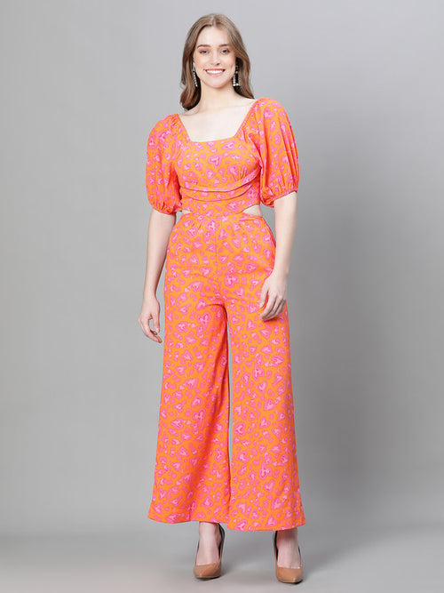 Women Orange Floral Print Backless Tie-Knotted Elasticated Jumpsuit