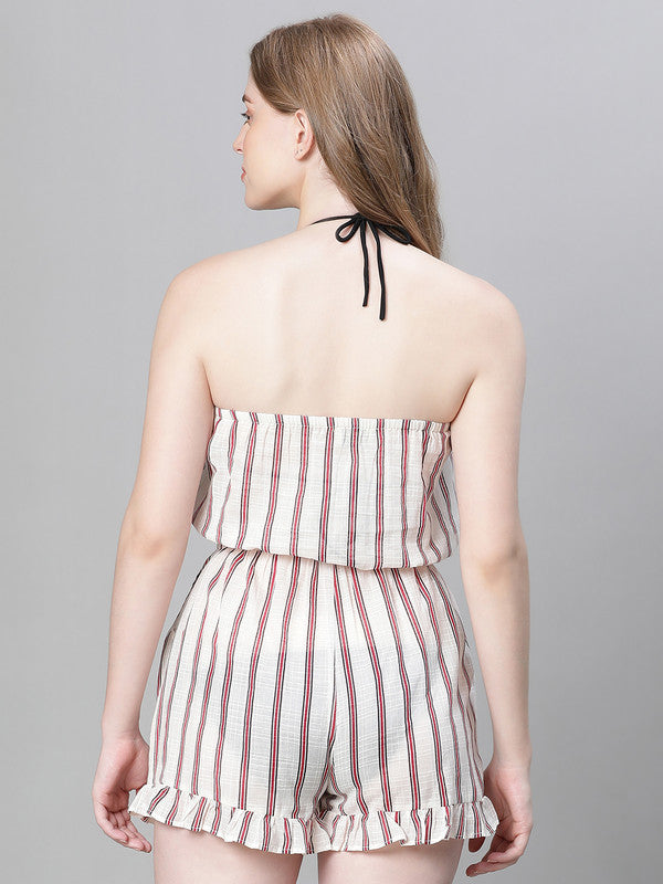 Women Ivory Stripe Print Elasticated Off -Shoulder Coton Beachwear Playsuit