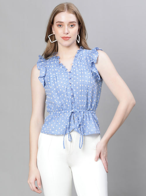 Women Blue Dobby Meld Ruffle Detailed Pleated Elasticated Tie-up short Sleeve Cotton Top