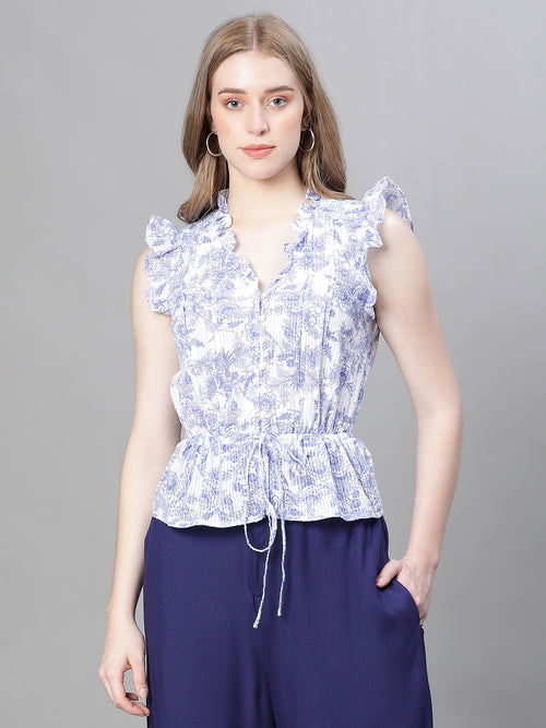 Women Blue Floral Print Ruffle Detailed Pleated Elasticated Tie-up short Sleeve Cotton Top