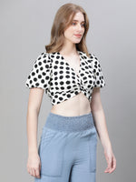 Women White Polka Dot Print V- Neck Shoer Sleeve Crop Top