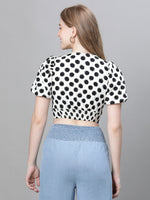 Women White Polka Dot Print V- Neck Shoer Sleeve Crop Top