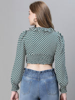 Women green stripe print ruffled long sleeve top