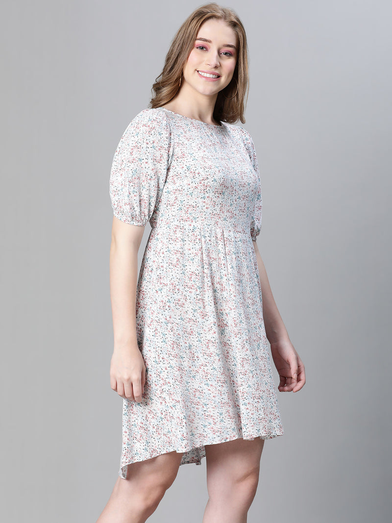 Women ivory color floral print round neck short sleeve flared dress