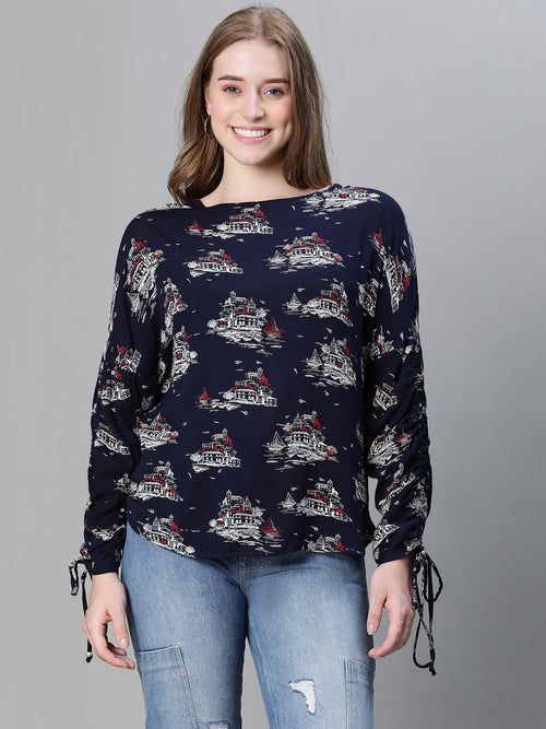 Women navy blue printed round neck long sleeve top