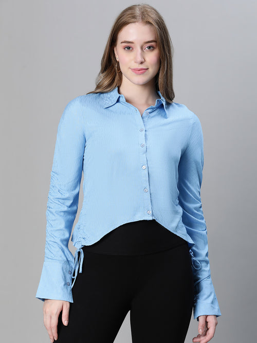 Women soild blue collared long sleeve high-low shirt