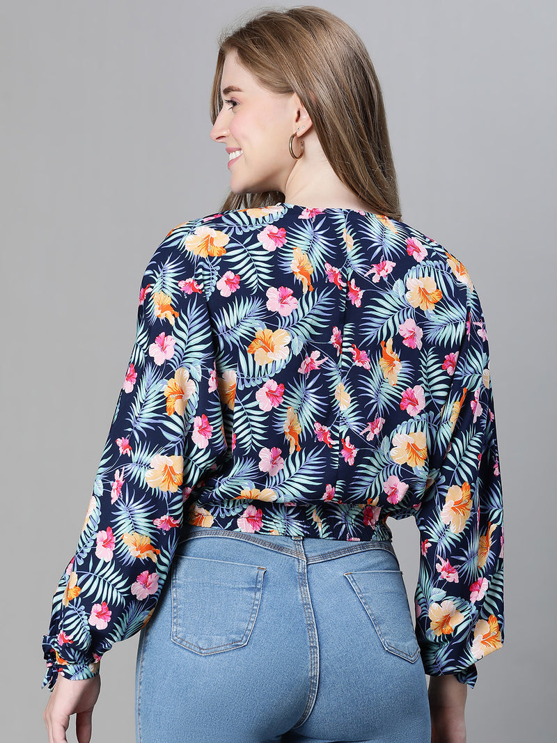 Women multicolor floral print collared long sleeve crop top