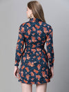 Women multicolor floral print collared belted button down dress