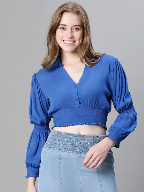Women blue open collared long sleeve elasticated crop top