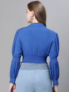 Women blue open collared long sleeve elasticated crop top