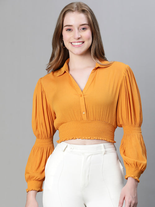 Women yellow open collared long sleeve elasticated crop top