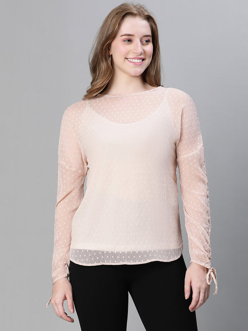 Women beige dobby mashed round neck with tie-up detailed long sleeve top