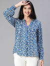 Women Blue Floral Print V-Neck Pleated Top