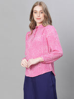 Women Pink Floral Print mandarin Collar Buttoned Long Sleeve Top