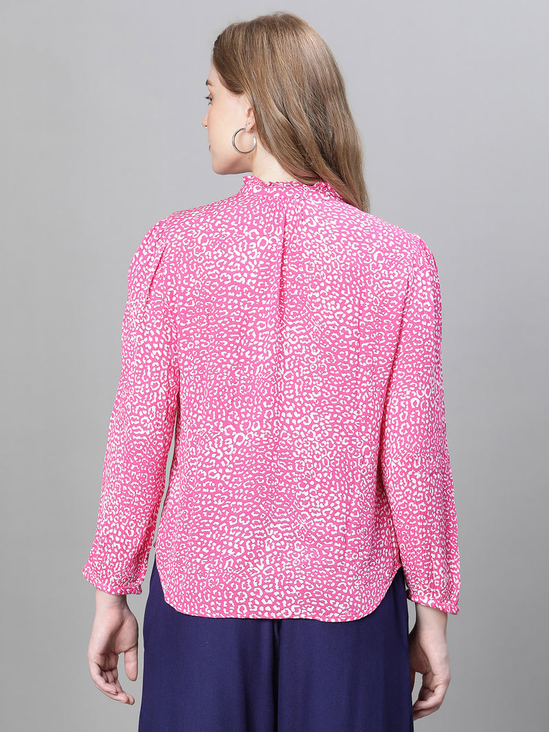 Women Pink Floral Print mandarin Collar Buttoned Long Sleeve Top