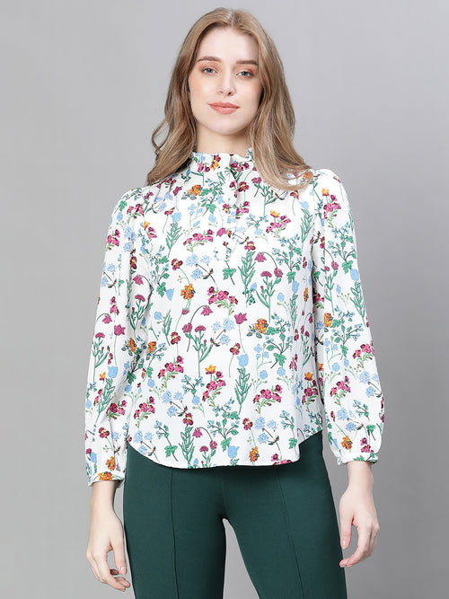 Women Multicolor Floral Print mandarin Collar Buttoned Long Sleeve Top