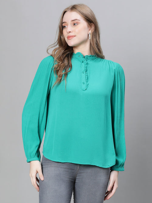 Women Solid Green mandarin Collar Buttoned Long Sleeve Top
