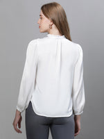 Women Soild White mandarin Collar Buttoned Long Sleeve Top