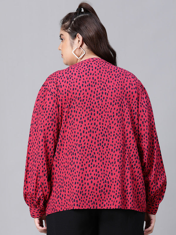 Women Plus Size Pink Dot Print V-Neck Long Sleeve Top