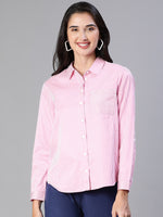 Women Stripe Print Soild Pink Collared Cotton Shirt