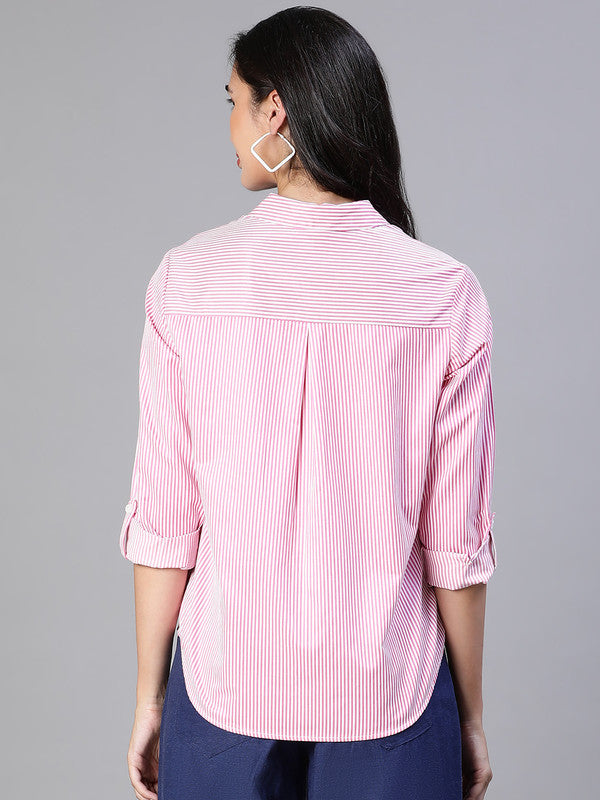 Women Stripe Print Soild Pink Collared Cotton Shirt