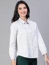 Women Stripe Print Soild Grey Collared Cotton Shirt