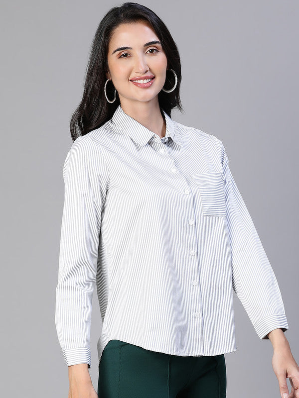 Women Stripe Print Soild Grey Collared Cotton Shirt