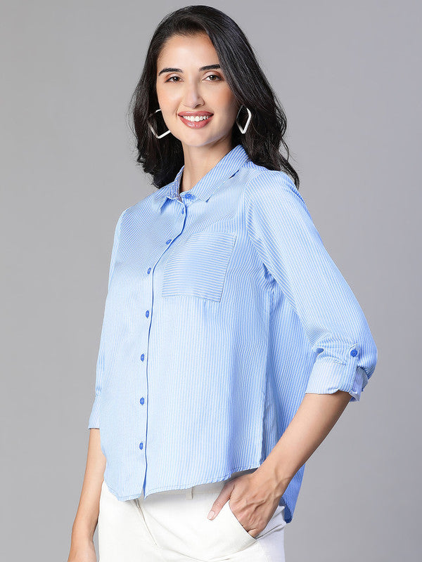 Women Stripe Print Blue Collared Cotton Shirt