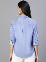 Women Stripe Print Blue Collared Cotton Shirt