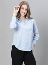 Women Blue Floral Print Long Sleeve Collared Cotton Top