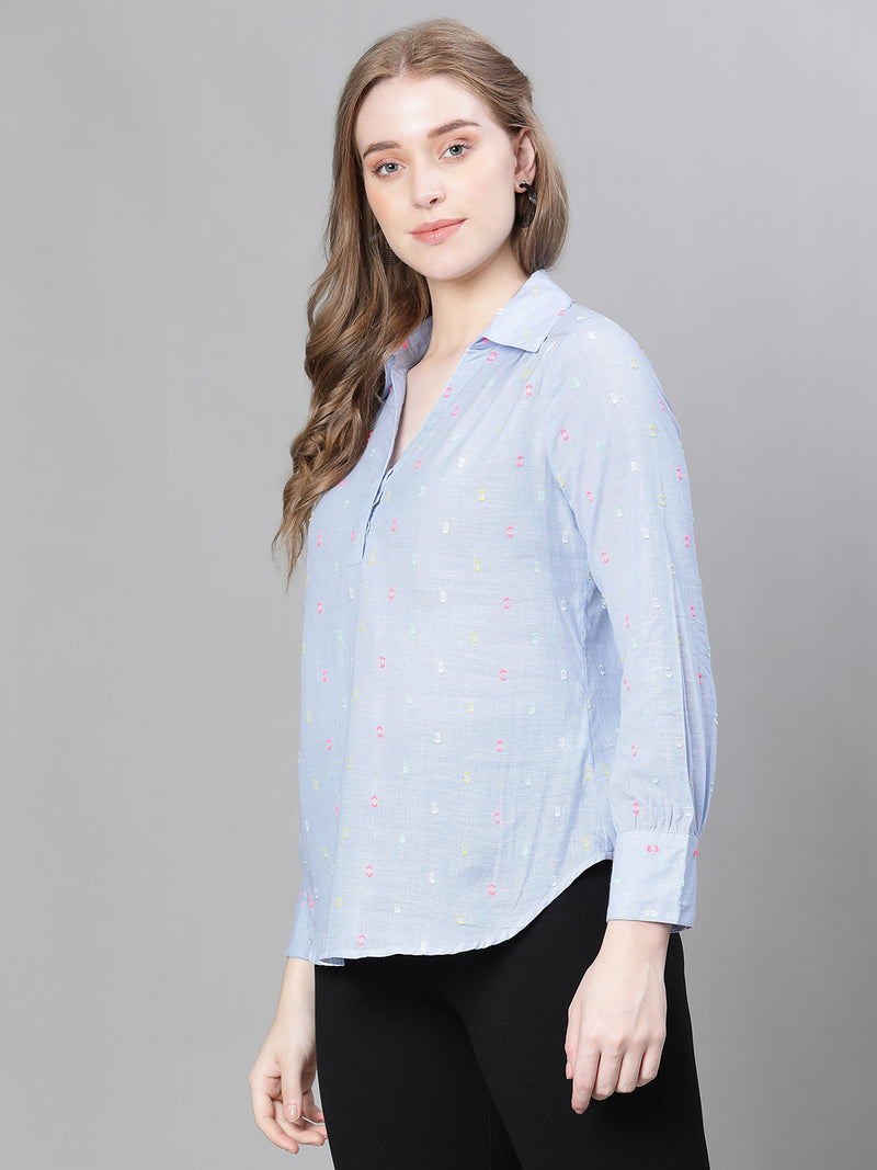 Women Soild Blue Long Sleeve Collared Cotton Top